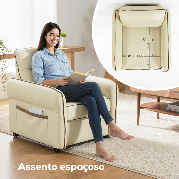Poltrona Sala de Estar Estofada em Couro Sintético Poltrona Relax Moderna com Assento Largo Acolchoado Espesso Apoios de Braço e Bolso Lateral para Quarto Sala de Estar Capacidade 120 kg Bege