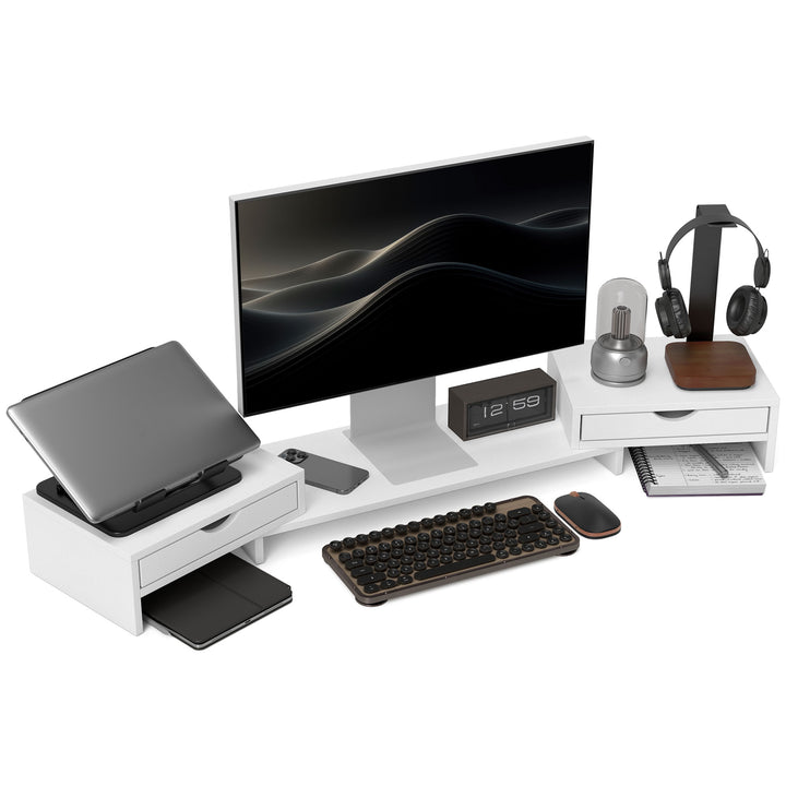 Suporte para Monitor com Ângulo e Comprimento Ajustável Suporte para Monitor com 2 Gavetas para Escritório Suporte para Monitor Portátil 60-116x22x12 cm Branco