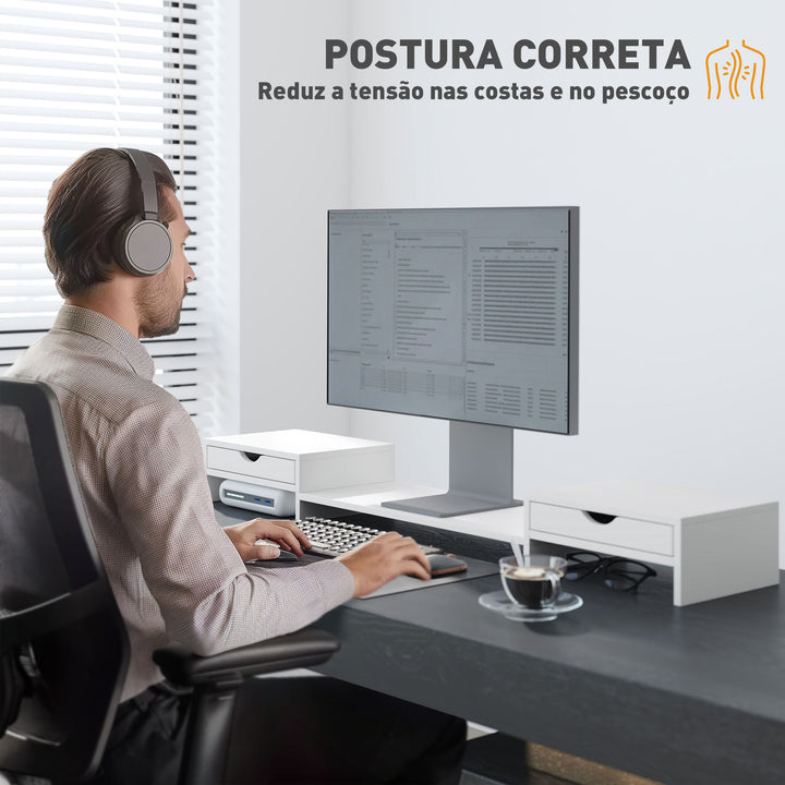 Suporte para Monitor com Ângulo e Comprimento Ajustável Suporte para Monitor com 2 Gavetas para Escritório Suporte para Monitor Portátil 60-116x22x12 cm Branco