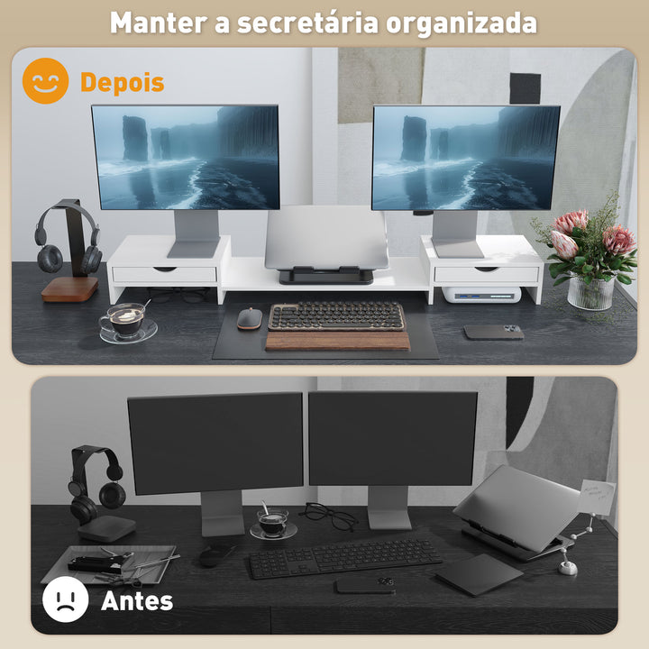 Suporte para Monitor com Ângulo e Comprimento Ajustável Suporte para Monitor com 2 Gavetas para Escritório Suporte para Monitor Portátil 60-116x22x12 cm Branco