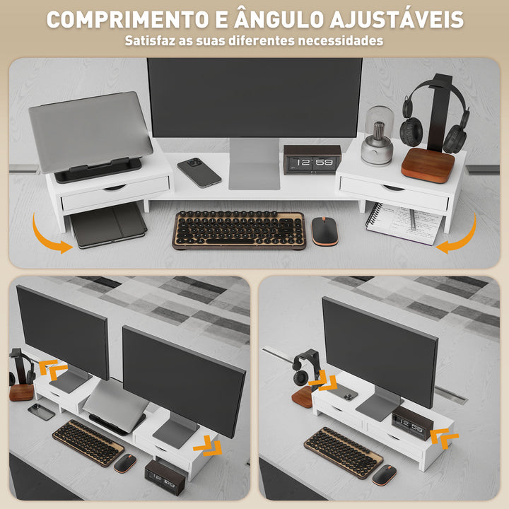 Suporte para Monitor com Ângulo e Comprimento Ajustável Suporte para Monitor com 2 Gavetas para Escritório Suporte para Monitor Portátil 60-116x22x12 cm Branco