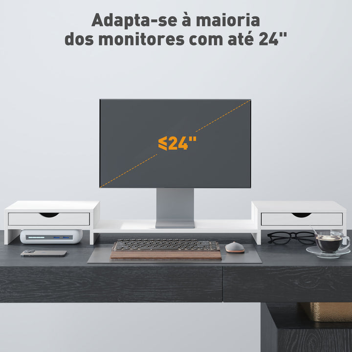 Suporte para Monitor com Ângulo e Comprimento Ajustável Suporte para Monitor com 2 Gavetas para Escritório Suporte para Monitor Portátil 60-116x22x12 cm Branco