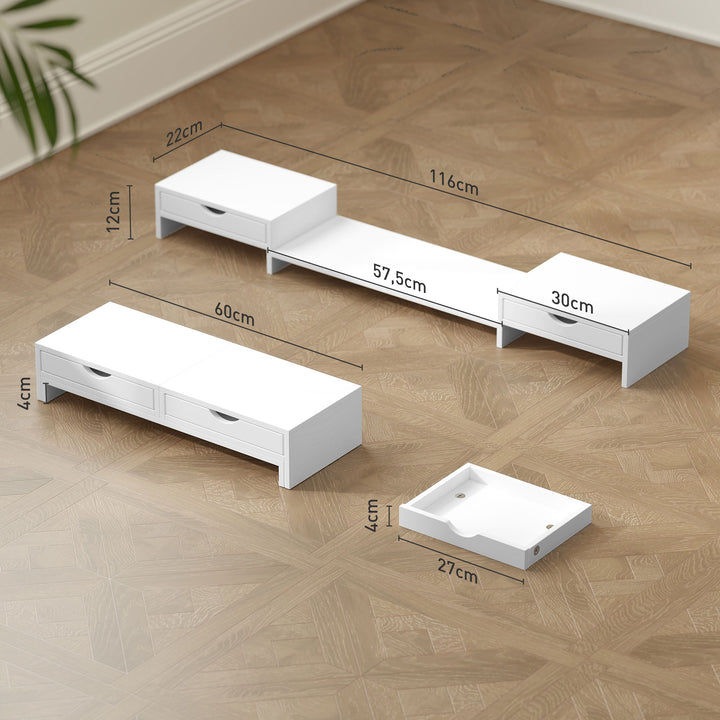 Suporte para Monitor com Ângulo e Comprimento Ajustável Suporte para Monitor com 2 Gavetas para Escritório Suporte para Monitor Portátil 60-116x22x12 cm Branco