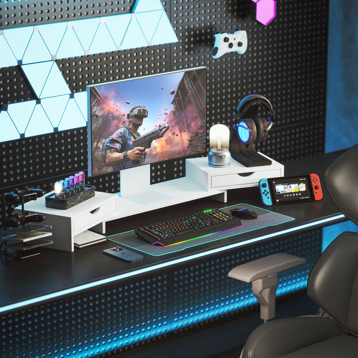 Suporte para Monitor com Ângulo e Comprimento Ajustável Suporte para Monitor com 2 Gavetas para Escritório Suporte para Monitor Portátil 60-116x22x12 cm Branco