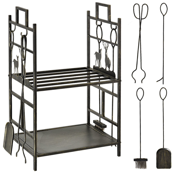 Suporte para Lenha de Ferro Forjado de 2 Níveis com 4 Ferramentas para Interior e Exterior 51,5x33x77 cm Preto e Dourado