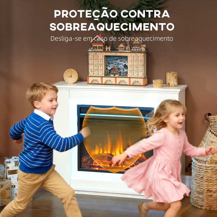 Lareira Elétrica com Efeito de Chama de 5 Níveis de Brilho, Luzes LED de 12 Cores, Lareira Decorativa, 1000/2000W, Temporizador, Termóstato Digital, Controlo Remoto, para 30 ?, Branco