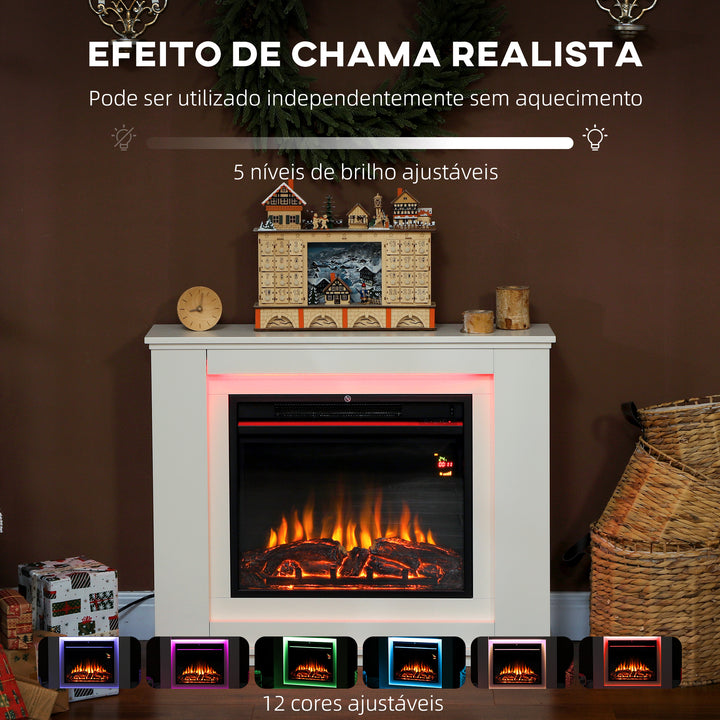 Lareira Elétrica com Efeito de Chama de 5 Níveis de Brilho, Luzes LED de 12 Cores, Lareira Decorativa, 1000/2000W, Temporizador, Termóstato Digital, Controlo Remoto, para 30 ?, Branco