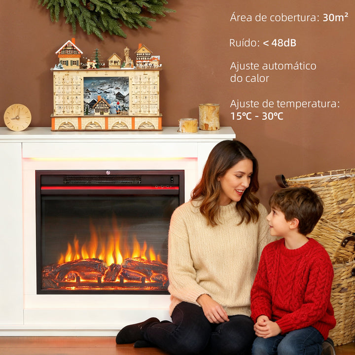 Lareira Elétrica com Efeito de Chama de 5 Níveis de Brilho, Luzes LED de 12 Cores, Lareira Decorativa, 1000/2000W, Temporizador, Termóstato Digital, Controlo Remoto, para 30 ?, Branco
