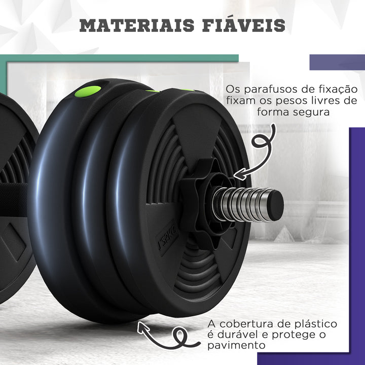 Kit de Halteres 20kg 2 em 1 Jogo de Pesos com Barra de Pesos Pega Antiderrapante para Treino de Força em Casa Ginásio Escritório Preto e Verde