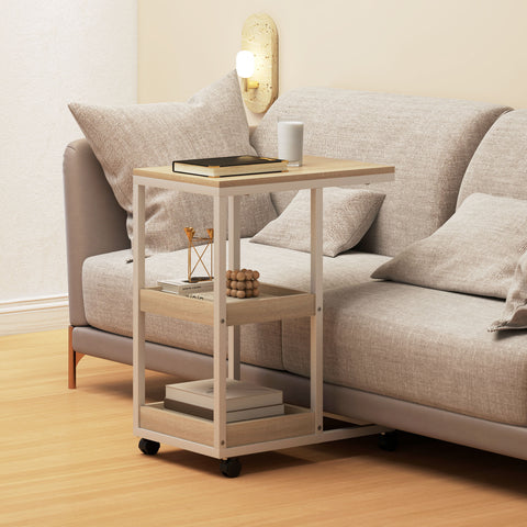 Mesa Auxiliar com Rodas em Forma de C com 2 Prateleiras Abertas Estrutura em Aço para Sala ou Quarto 51x33x66 cm Madeira e Branco