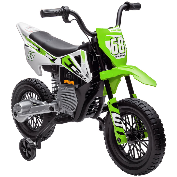 Mota Elétrica para Crianças de +3 Anos Mota Elétrica Infantil com Bateria 12V Música Velocidade 2,4-5 km/h e Rodas Auxiliares Removíveis Carga 30 kg 107x56x70 cm Verde