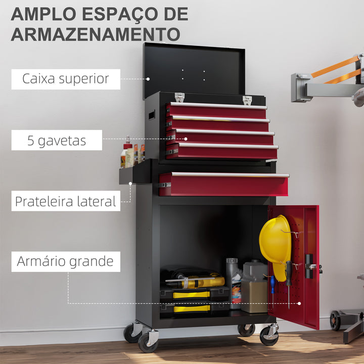 Carrinho de Ferramentas Caixa de Ferramentas de Aço Carrinho para Oficina com Rodas Porta 5 Gavetas e Fechadura de Aço para Garagem Oficina Preto e Vermelho