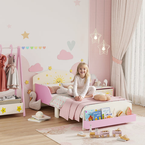 Cama Infantil 70x140 cm em Madeira com Armazenamento Proteção Antiqueda e Desenhos de Estrelas para Dormitório Rosa