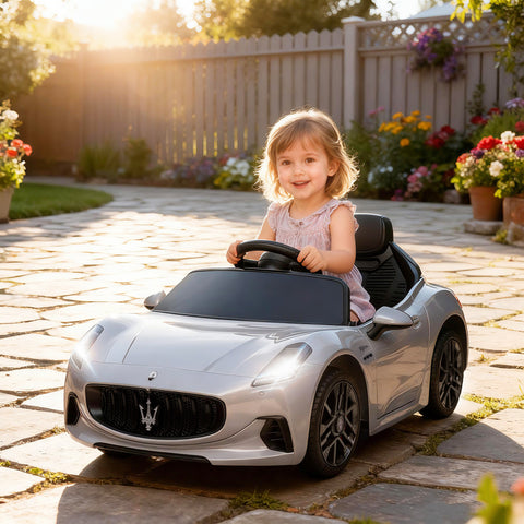 Carro Elétrico para Crianças acima de 3 Anos Carro Maserati Gran Turismo Folgore Carro Elétrico com Bateria 12V Controlo Remoto Faróis Buzina e Música MP3 98x59x43 cm Cinza