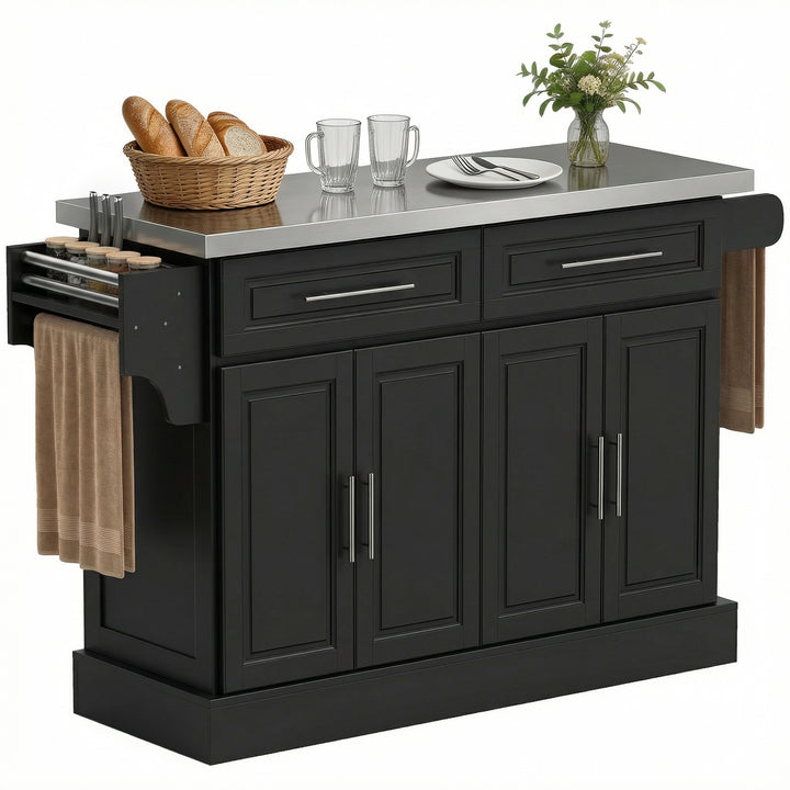 Ilha de Cozinha com Rodas Carrinho de Cozinha com Bancada de Aço Inoxidável 2 Gavetas 4 Portas 2 Prateleiras Ajustáveis Suporte para Especiarias e Toalheiro 145x45x93 cm Preto