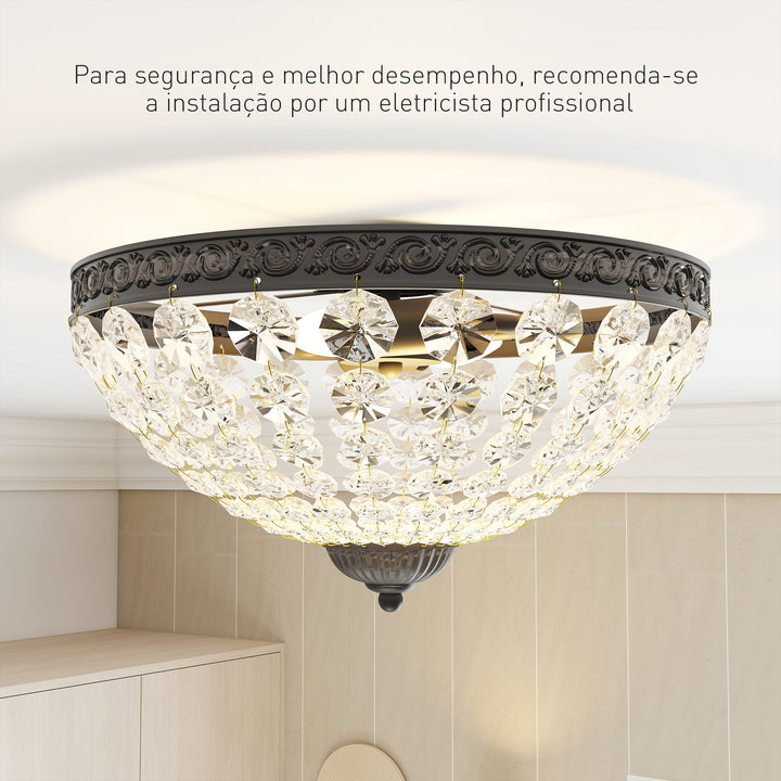 Candeeiro de Teto de Cristal Clássico com 2 Suportes E14 40W Candeeiro de Teto Vintage com 168 Contas de Cristal para Quarto Sala Cozinha e Sala de Jantar Preto