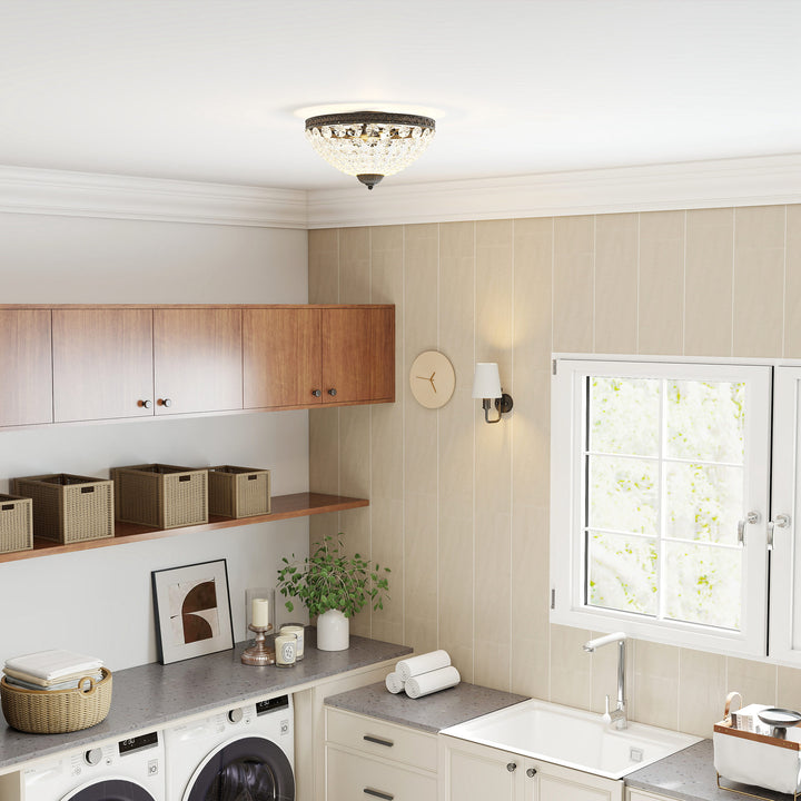 Candeeiro de Teto de Cristal Clássico com 2 Suportes E14 40W Candeeiro de Teto Vintage com 168 Contas de Cristal para Quarto Sala Cozinha e Sala de Jantar Preto
