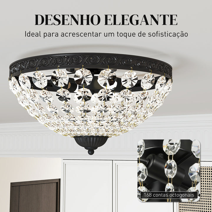 Candeeiro de Teto de Cristal Clássico com 2 Suportes E14 40W Candeeiro de Teto Vintage com 168 Contas de Cristal para Quarto Sala Cozinha e Sala de Jantar Preto