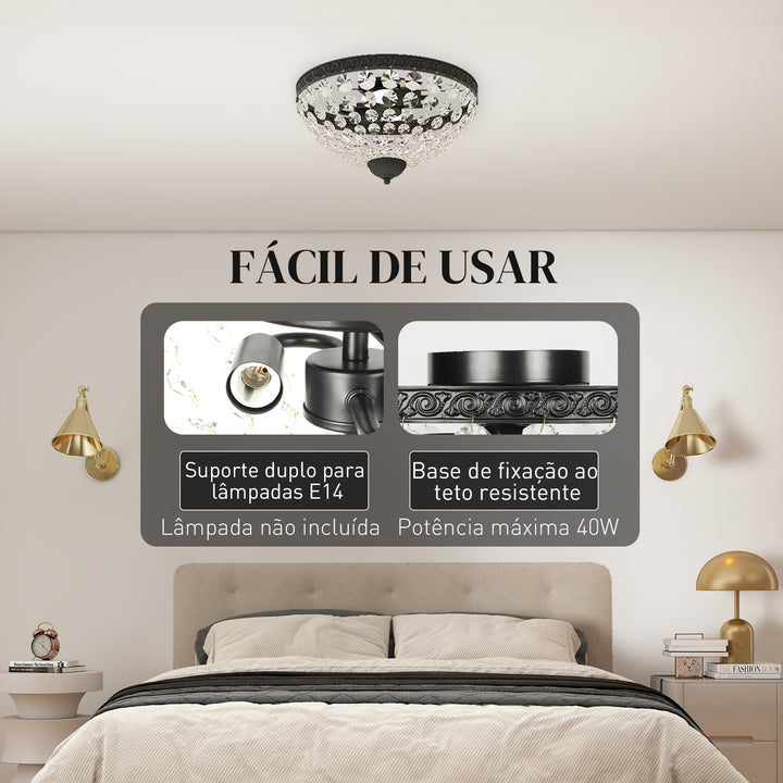 Candeeiro de Teto de Cristal Clássico com 2 Suportes E14 40W Candeeiro de Teto Vintage com 168 Contas de Cristal para Quarto Sala Cozinha e Sala de Jantar Preto