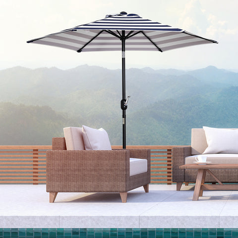 Chapéu de Sol Exterior Ø230 cm Chapéu de Sol de Jardim com Ângulo Ajustável e Manivela Impermeável Chapéu de Sol para Pátio Terraço Azul e Branco