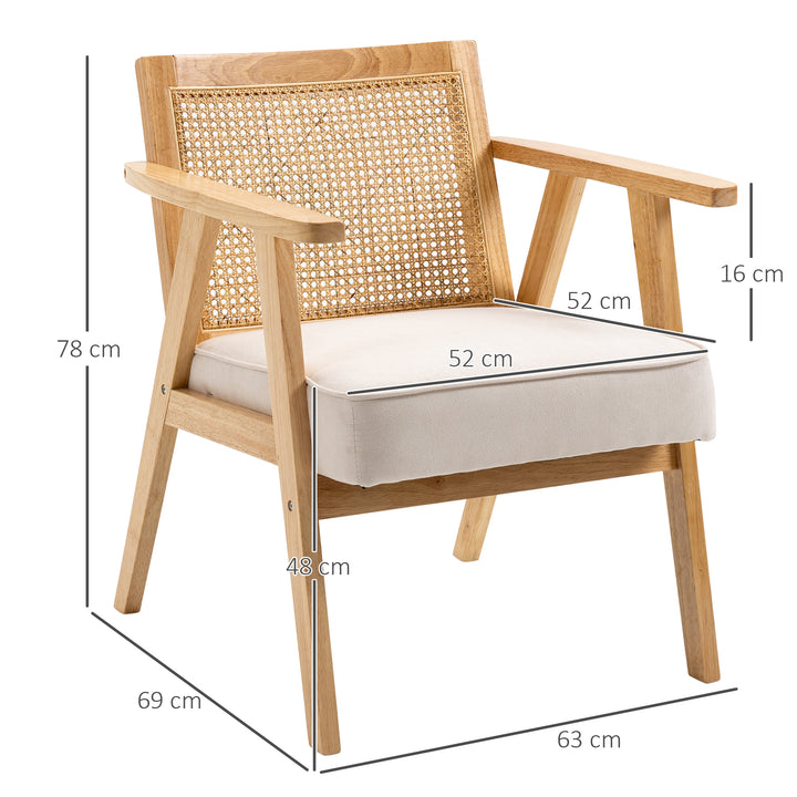 Poltrona de Sala de Estar Poltrona com Apoio para os Braços Encosto em Vime e Estrutura de Madeira de Borracha Poltrona para Dormitório Sala de Estar Carga 120 kg 63x69x78 cm Madeira e Bege