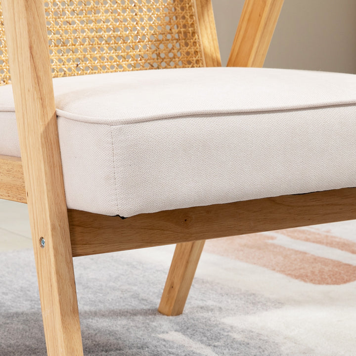 Poltrona de Sala de Estar Poltrona com Apoio para os Braços Encosto em Vime e Estrutura de Madeira de Borracha Poltrona para Dormitório Sala de Estar Carga 120 kg 63x69x78 cm Madeira e Bege