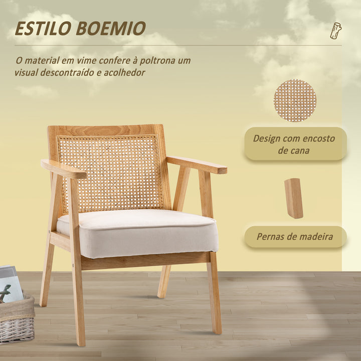 Poltrona de Sala de Estar Poltrona com Apoio para os Braços Encosto em Vime e Estrutura de Madeira de Borracha Poltrona para Dormitório Sala de Estar Carga 120 kg 63x69x78 cm Madeira e Bege