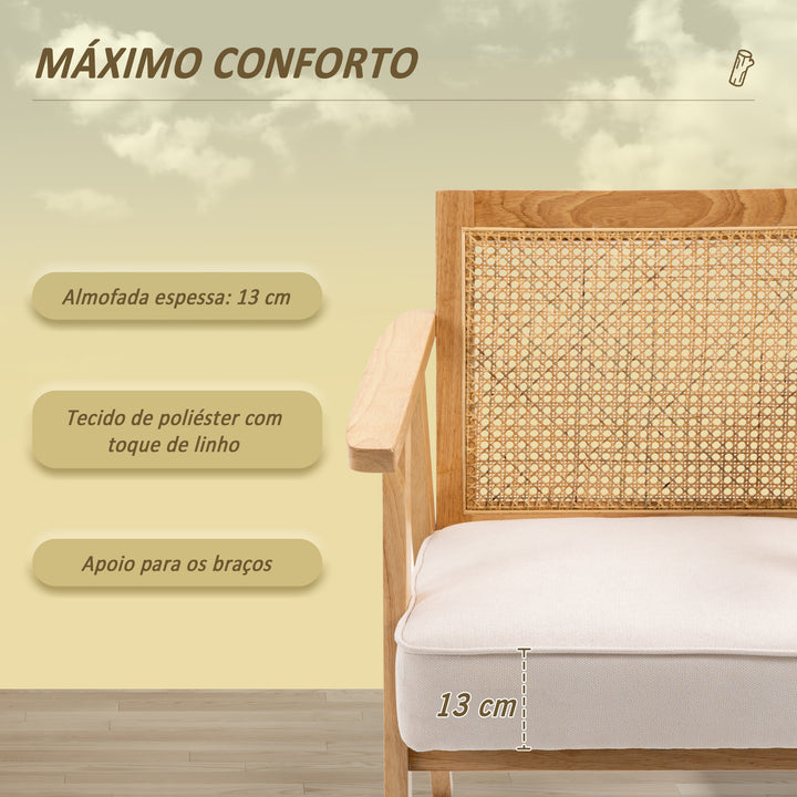 Poltrona de Sala de Estar Poltrona com Apoio para os Braços Encosto em Vime e Estrutura de Madeira de Borracha Poltrona para Dormitório Sala de Estar Carga 120 kg 63x69x78 cm Madeira e Bege