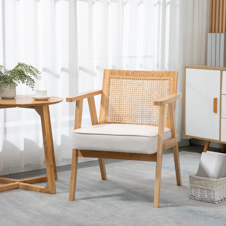 Poltrona de Sala de Estar Poltrona com Apoio para os Braços Encosto em Vime e Estrutura de Madeira de Borracha Poltrona para Dormitório Sala de Estar Carga 120 kg 63x69x78 cm Madeira e Bege