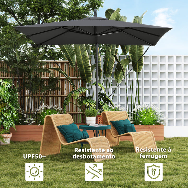 Chapéu de Sol Excêntrico 247x247 cm Chapéu de Sol de Jardim com Base Cruzada Capa Ajustável Manivela Capa Protetora e Corda de Vento Anti-UV 50+ Chapéu de Sol para Varanda Cinza Escuro