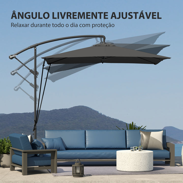Chapéu de Sol Excêntrico 247x247 cm Chapéu de Sol de Jardim com Base Cruzada Capa Ajustável Manivela Capa Protetora e Corda de Vento Anti-UV 50+ Chapéu de Sol para Varanda Cinza Escuro
