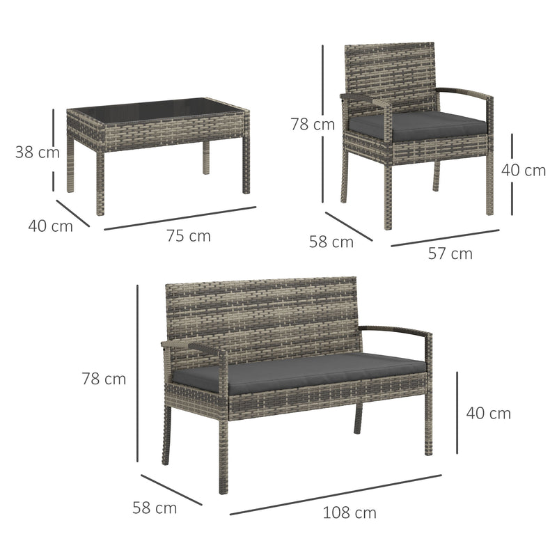 Conjunto Móveis de Jardim em Vime Sintético Conjunto de 4 Peças Móveis de Jardim com 2 Poltronas 1 Sofá de 2 Lugares e 1 Mesa de Centro com Bancada de Vidro para Pátio Cinza