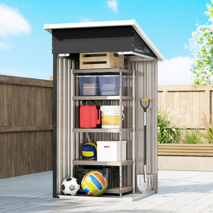 Abrigo Exterior Metálico 107,5x91x185 cm Abrigo de Jardim com Teto Inclinado Porta com Trinco Ventilação e Luvas Abrigo de Armazenamento para Ferramentas Cinza Escuro