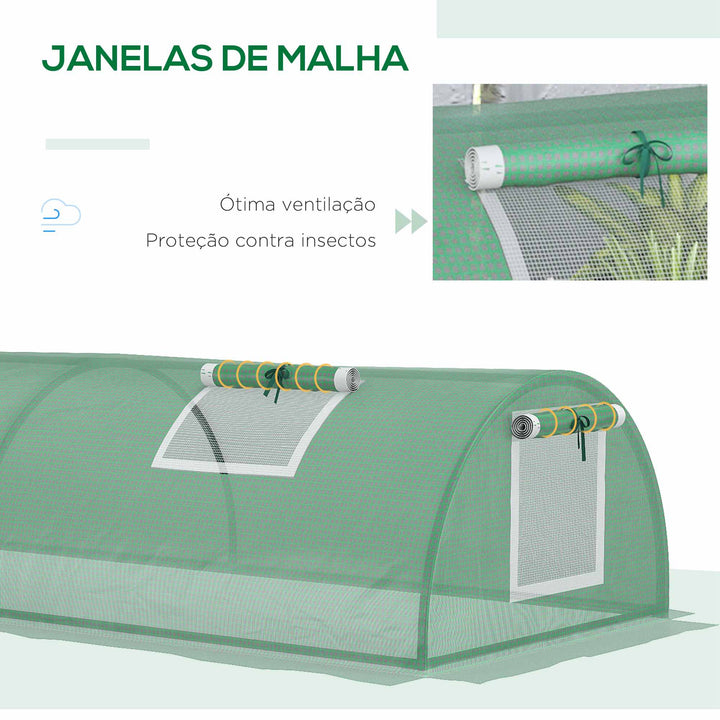Estufa de Exterior, 200x80x45 cm Estufa de Jardim com 4 Janelas de Rede Enroláveis Estrutura em Aço e Cobertura de PE 140g/m² Anti-UV para Cultivo de Plantas e Flores Verde