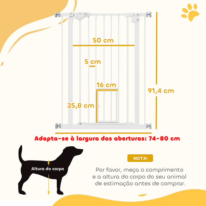 Barreira de Segurança para Cães Animais de Estimação 74-100cm para Escadas Portas e Corredores com Porta para Gatos Fechamento Automático e Sistema de Duplo Bloqueio Altura 91,4cm Branco