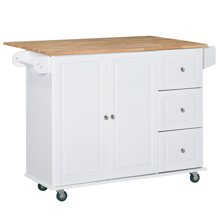 Carrinho de Cozinha com Rodas Carrinho de Cozinha com Bancada Rebatível 3 Gavetas 1 Armário com Prateleira Interior Ajustável e Suporte para Temperos 128,8x75,5x92,5cm Branco e Natural