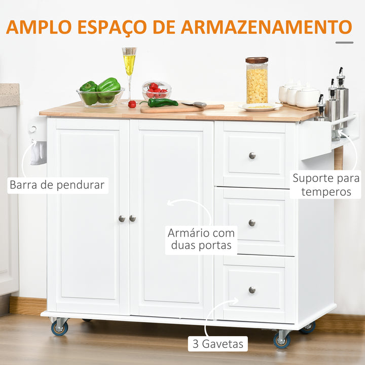 Carrinho de Cozinha com Rodas Carrinho de Cozinha com Bancada Rebatível 3 Gavetas 1 Armário com Prateleira Interior Ajustável e Suporte para Temperos 128,8x75,5x92,5cm Branco e Natural
