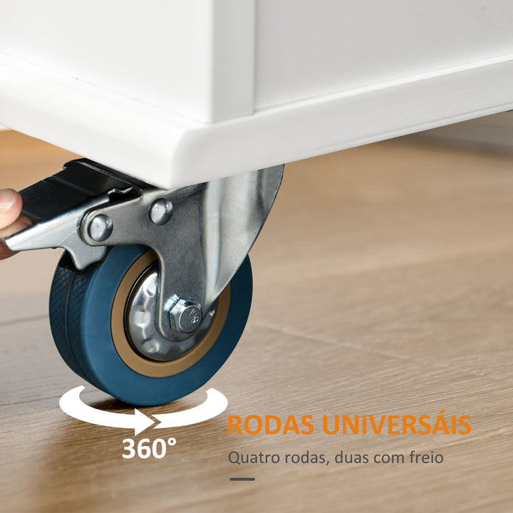 Carrinho de Cozinha com Rodas Carrinho de Cozinha com Bancada Rebatível 3 Gavetas 1 Armário com Prateleira Interior Ajustável e Suporte para Temperos 128,8x75,5x92,5cm Branco e Natural