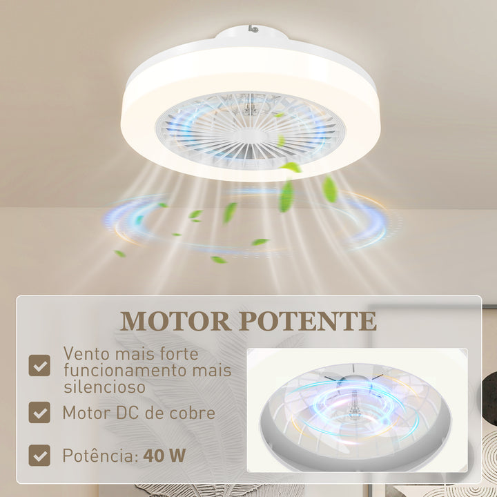 Ventoinha de Teto com Luz LED 40 W Motor DC Revertível Candeeiro Ventoinha de Teto Silencioso com Controlo Remoto 6 Velocidades Temporizador para Sala de Estar Dormitório Ø46x16 cm Branco