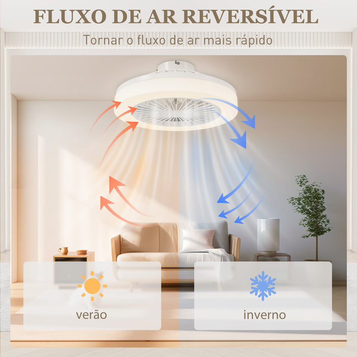 Ventoinha de Teto com Luz LED 40 W Motor DC Revertível Candeeiro Ventoinha de Teto Silencioso com Controlo Remoto 6 Velocidades Temporizador para Sala de Estar Dormitório Ø46x16 cm Branco