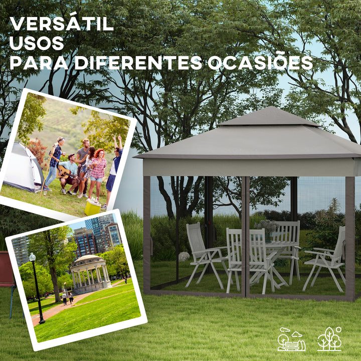 Tenda Dobrável Exterior 325x325x270 cm Tenda de Jardim com Teto Duplo Rede Mosquiteira Amovível e Bolsa de Transporte para Jardim Pátio Cinza