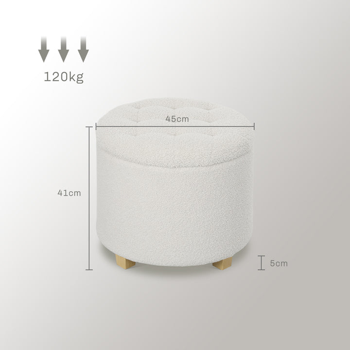 Puff de Armazenamento Baú de Armazenamento Redondo 40,5L 45x45x41 cm Estofado em Borreguito Banco Apoia-Pés com Pés de Madeira Assento Acolchoado para Sala Quarto Entrada Branco