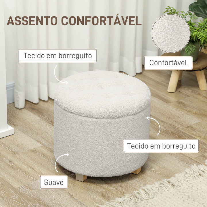 Puff de Armazenamento Baú de Armazenamento Redondo 40,5L 45x45x41 cm Estofado em Borreguito Banco Apoia-Pés com Pés de Madeira Assento Acolchoado para Sala Quarto Entrada Branco