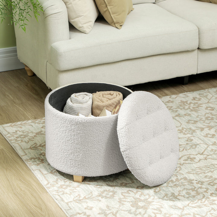 Puff de Armazenamento Baú de Armazenamento Redondo 40,5L 45x45x41 cm Estofado em Borreguito Banco Apoia-Pés com Pés de Madeira Assento Acolchoado para Sala Quarto Entrada Branco