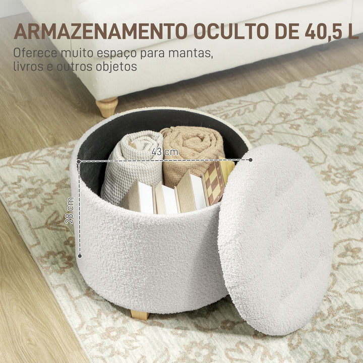 Puff de Armazenamento Baú de Armazenamento Redondo 40,5L 45x45x41 cm Estofado em Borreguito Banco Apoia-Pés com Pés de Madeira Assento Acolchoado para Sala Quarto Entrada Branco