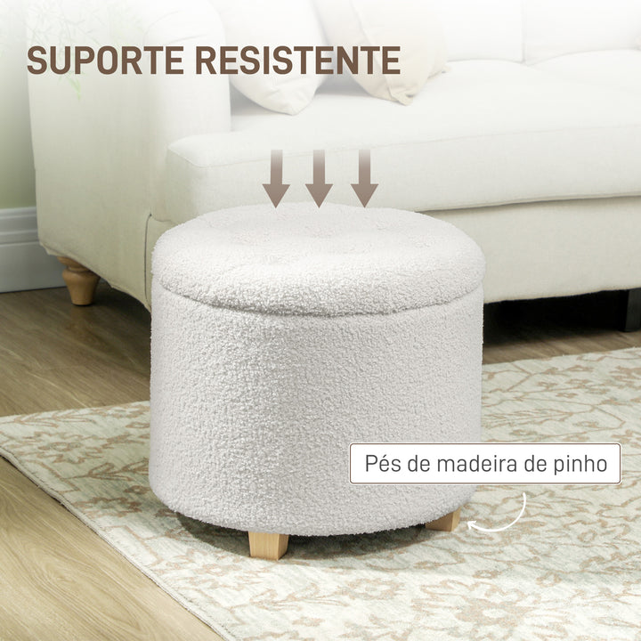Puff de Armazenamento Baú de Armazenamento Redondo 40,5L 45x45x41 cm Estofado em Borreguito Banco Apoia-Pés com Pés de Madeira Assento Acolchoado para Sala Quarto Entrada Branco