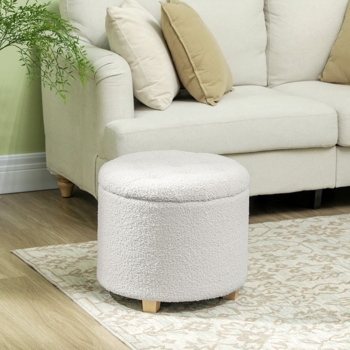 Puff de Armazenamento Baú de Armazenamento Redondo 40,5L 45x45x41 cm Estofado em Borreguito Banco Apoia-Pés com Pés de Madeira Assento Acolchoado para Sala Quarto Entrada Branco