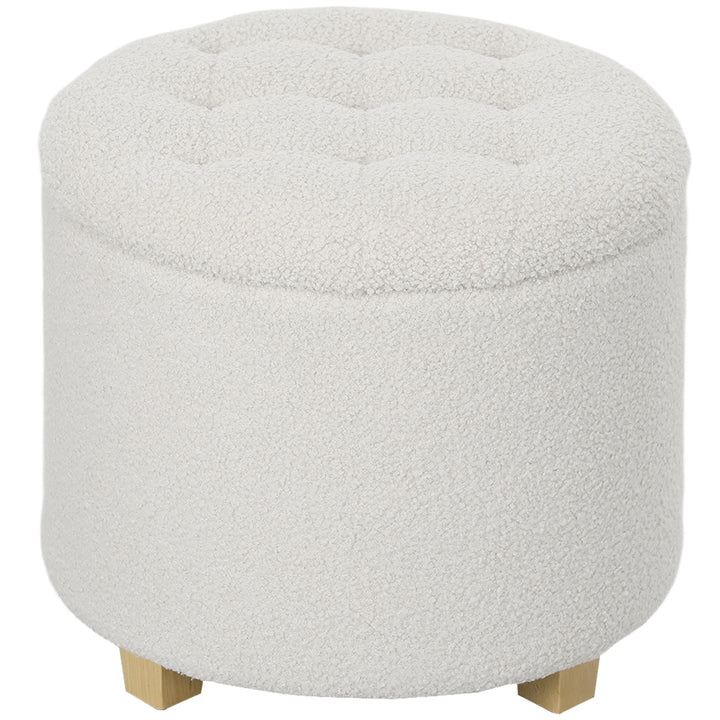 Puff de Armazenamento Baú de Armazenamento Redondo 40,5L 45x45x41 cm Estofado em Borreguito Banco Apoia-Pés com Pés de Madeira Assento Acolchoado para Sala Quarto Entrada Branco