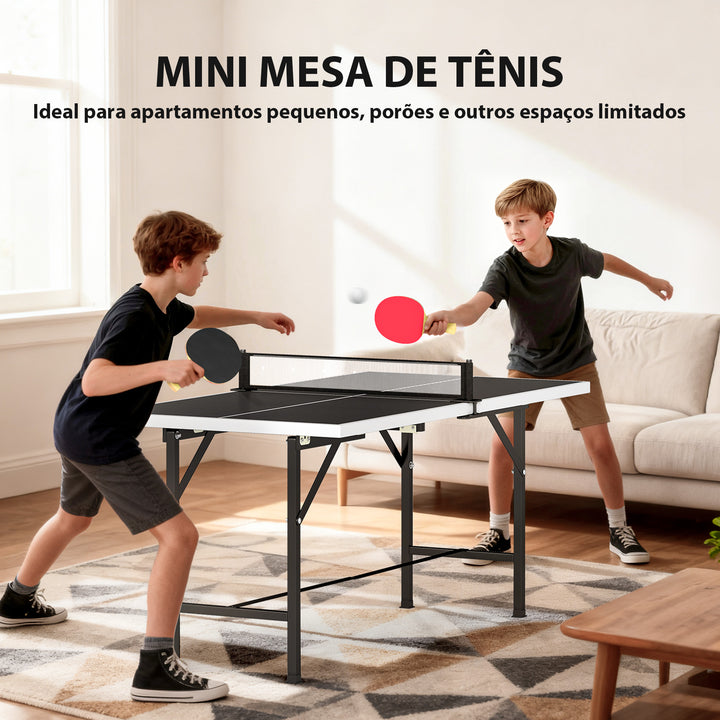 Mini Mesa de Ping Pong Dobrável 152x76 cm Mesa de Ping Pong para Exterior com Rede 2 Raquetes e 3 Bolas Fácil de Transportar Estável para Interior e Exterior Preto