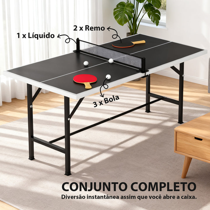 Mini Mesa de Ping Pong Dobrável 152x76 cm Mesa de Ping Pong para Exterior com Rede 2 Raquetes e 3 Bolas Fácil de Transportar Estável para Interior e Exterior Preto